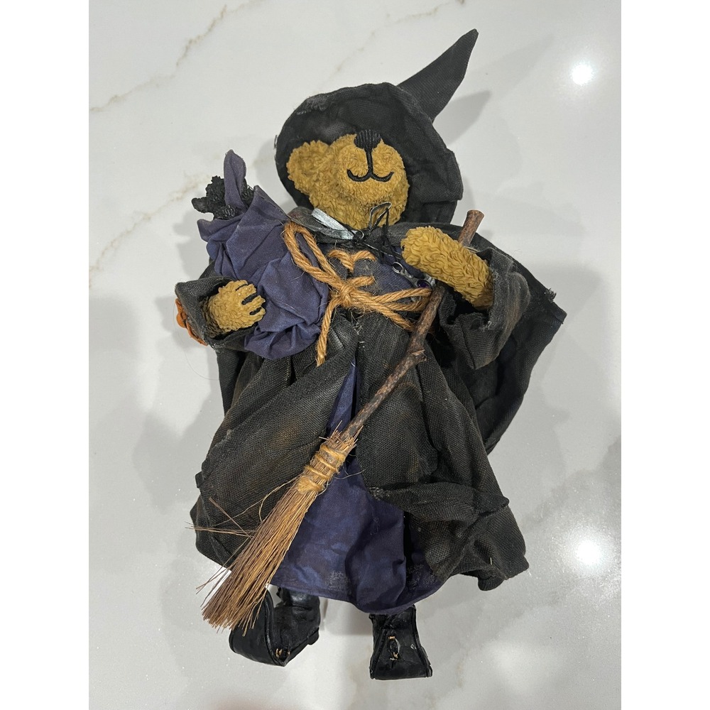 Vintage Primitive Witch Bear doll with Broom and Cat Halloween Decor 11in